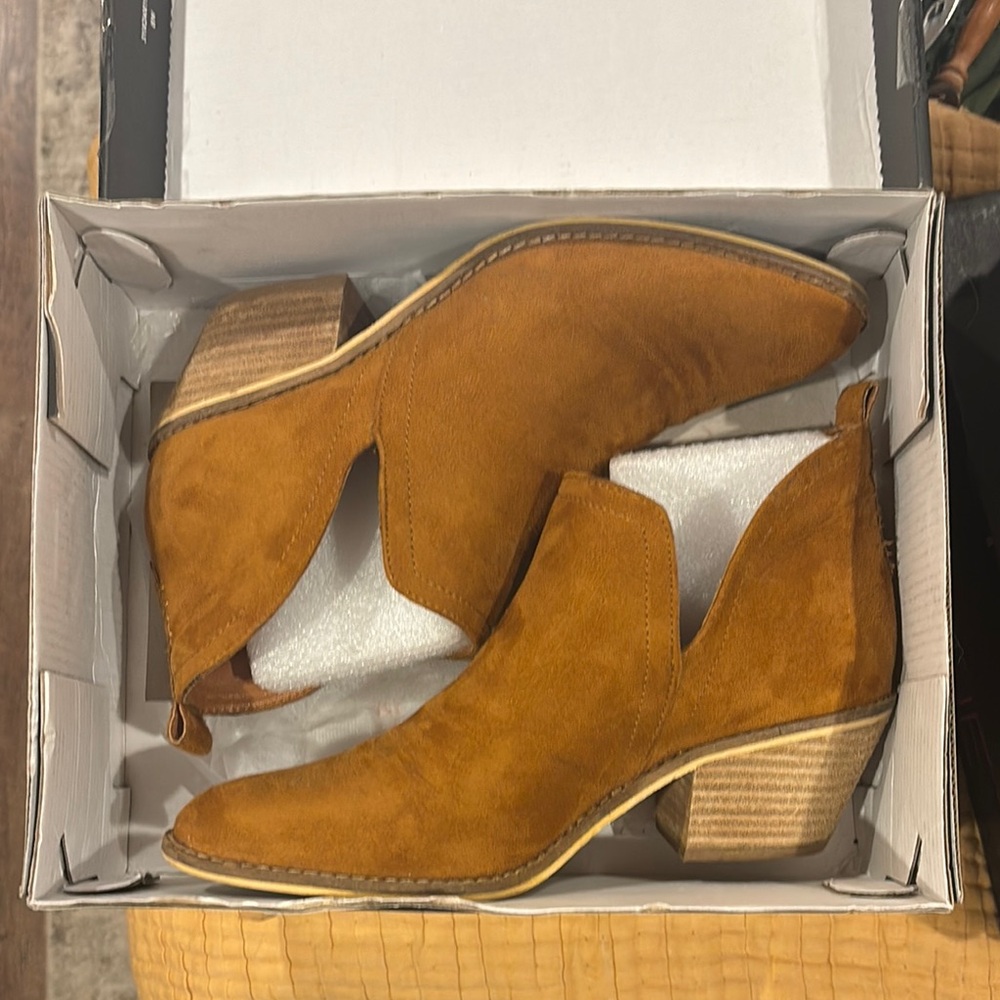 Tan Suede Ankle Booties with Stacked Heel